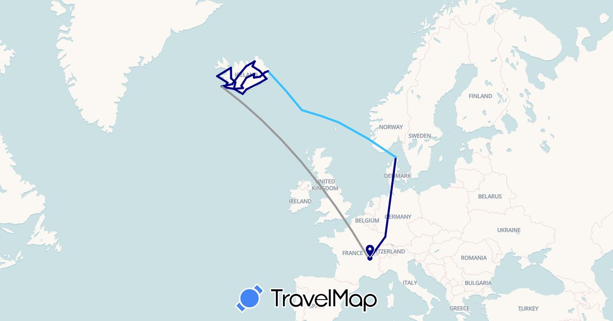 TravelMap itinerary: driving, plane, boat in Germany, Denmark, Faroe Islands, France, United Kingdom, Iceland (Europe)