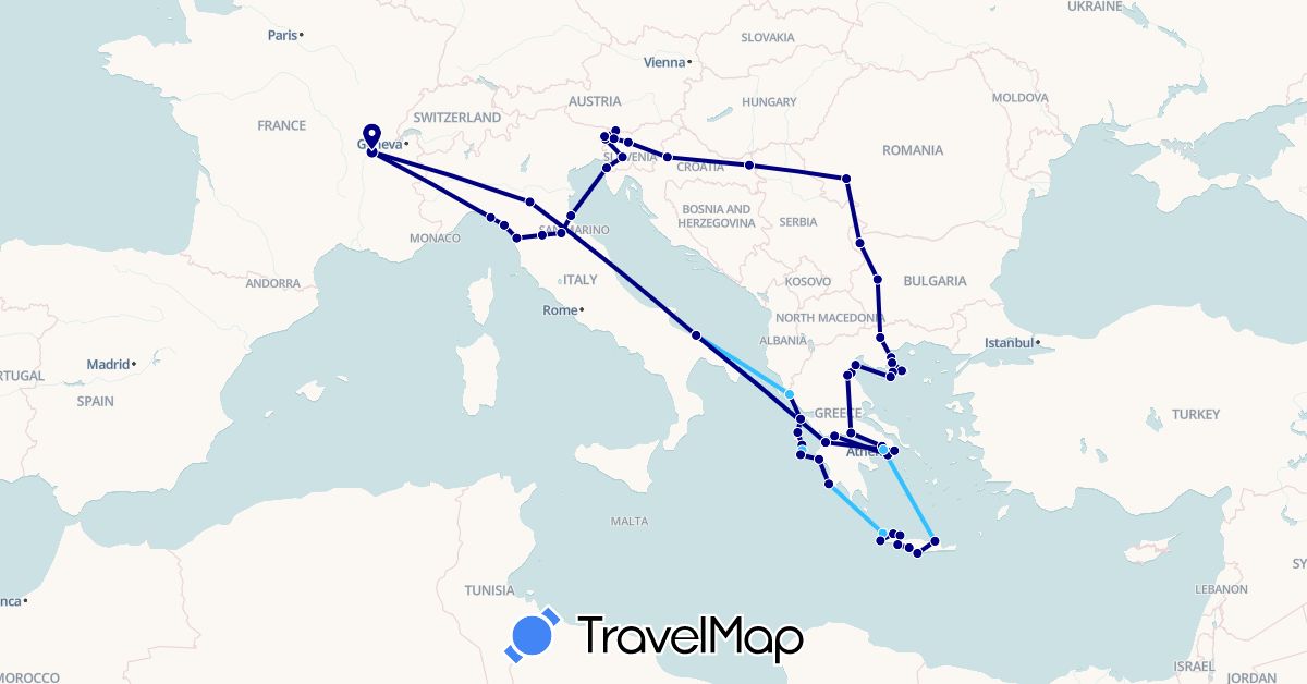 TravelMap itinerary: driving, boat in Bulgaria, France, Greece, Croatia, Italy, Romania, Slovenia (Europe)